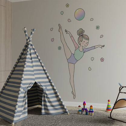 Kids-Mundo pastel ballerina wall mural brightening a gentle children's playroom space