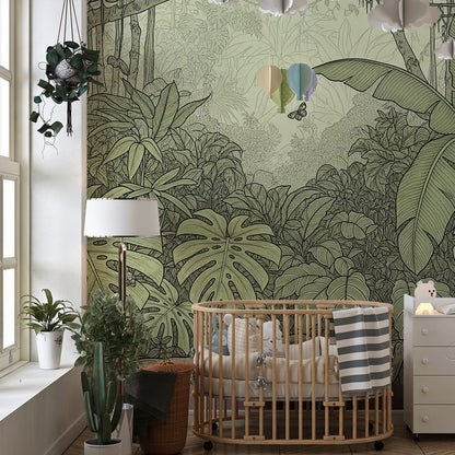 Kids-Mundo botanical jungle mural styled on a quiet kids bedroom wall in muted sage green.