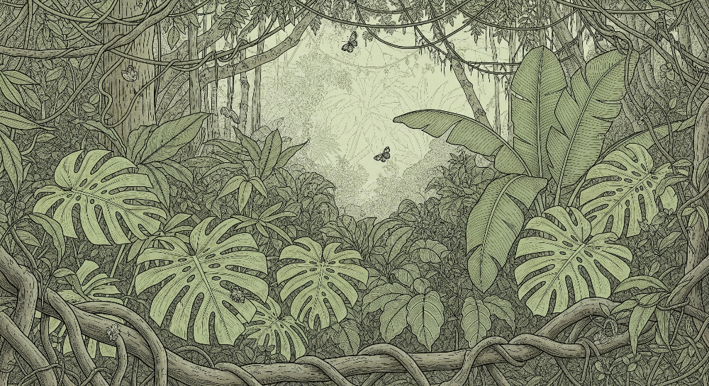 Kids-Mundo flat artwork of intricate line-art jungle foliage with butterflies in muted sage tones.