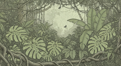 Kids-Mundo flat artwork of intricate line-art jungle foliage with butterflies in muted sage tones.