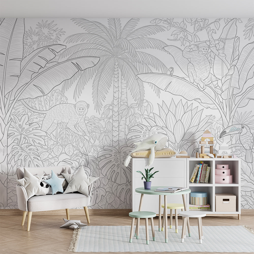 Kids-Mundo line art jungle wall mural with toucans and monkeys in a kids bedroom