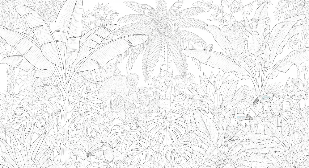 Kids-Mundo flat artwork of a hand-drawn line art jungle mural with monkeys, toucans and palm leaves