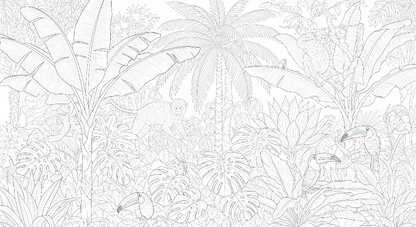Kids-Mundo flat artwork of a hand-drawn line art jungle mural with monkeys, toucans and palm leaves