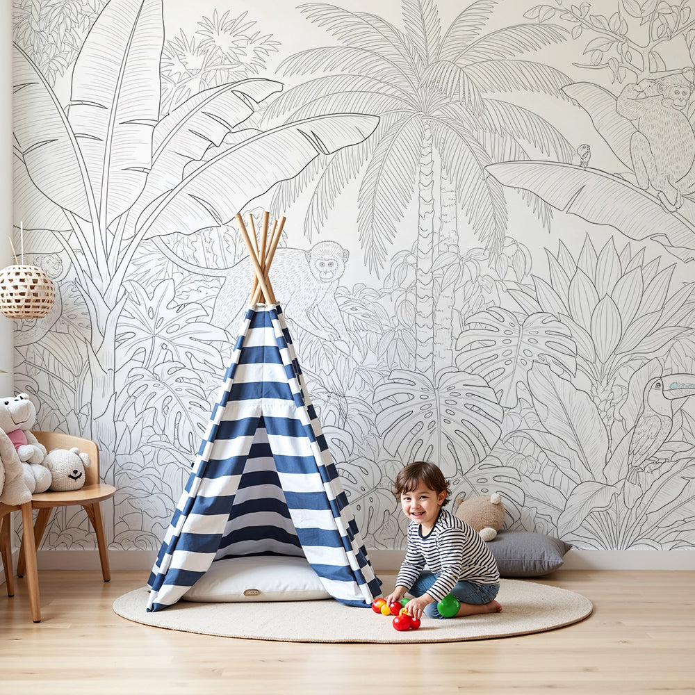 Kids-Mundo hand-drawn line art jungle wall mural with monkeys shown in a nursery