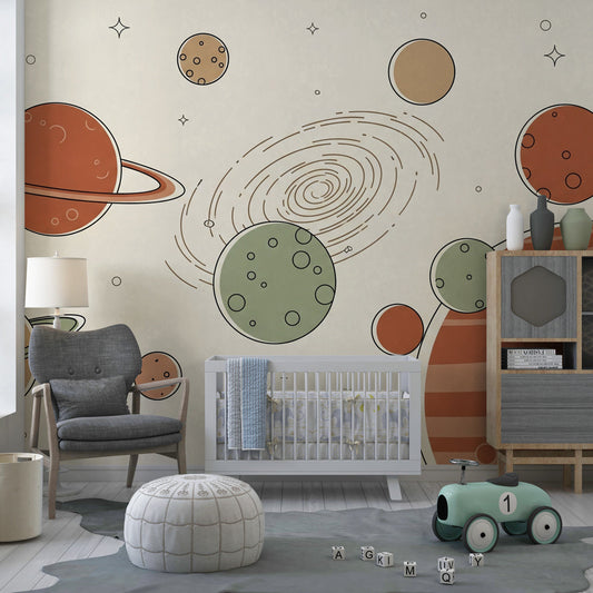 Kids-Mundo line art planet wallpaper mural styled on a child's bedroom wall