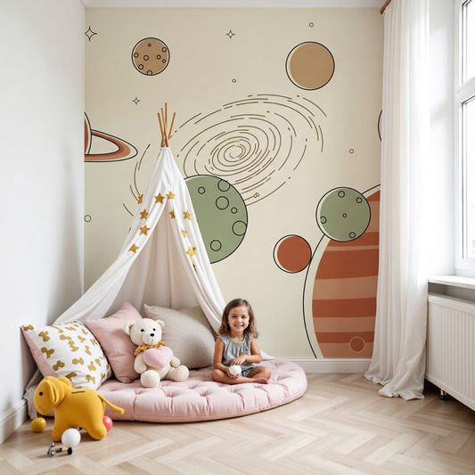 Kids-Mundo minimalist line art planets wall mural in a neutral toned nursery