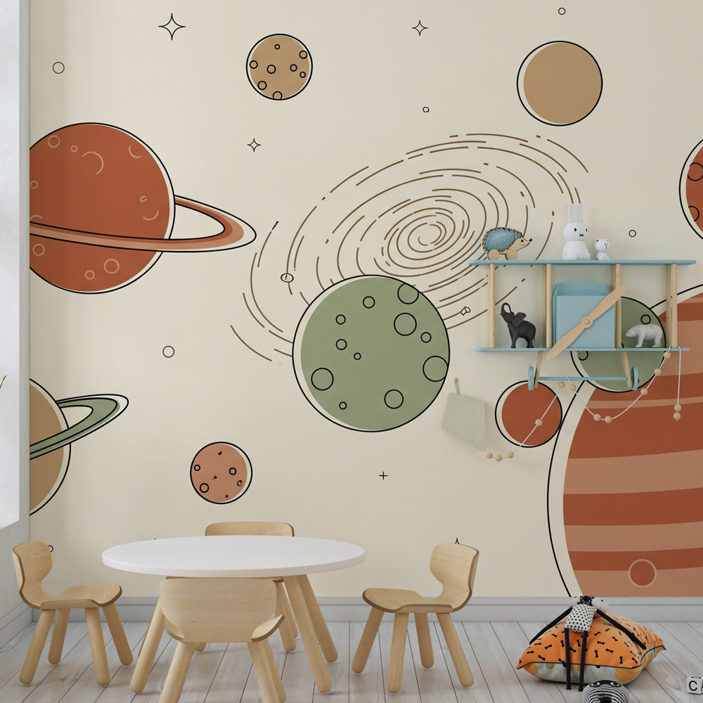 Kids-Mundo minimalist line art planets mural in a calm, muted playroom space