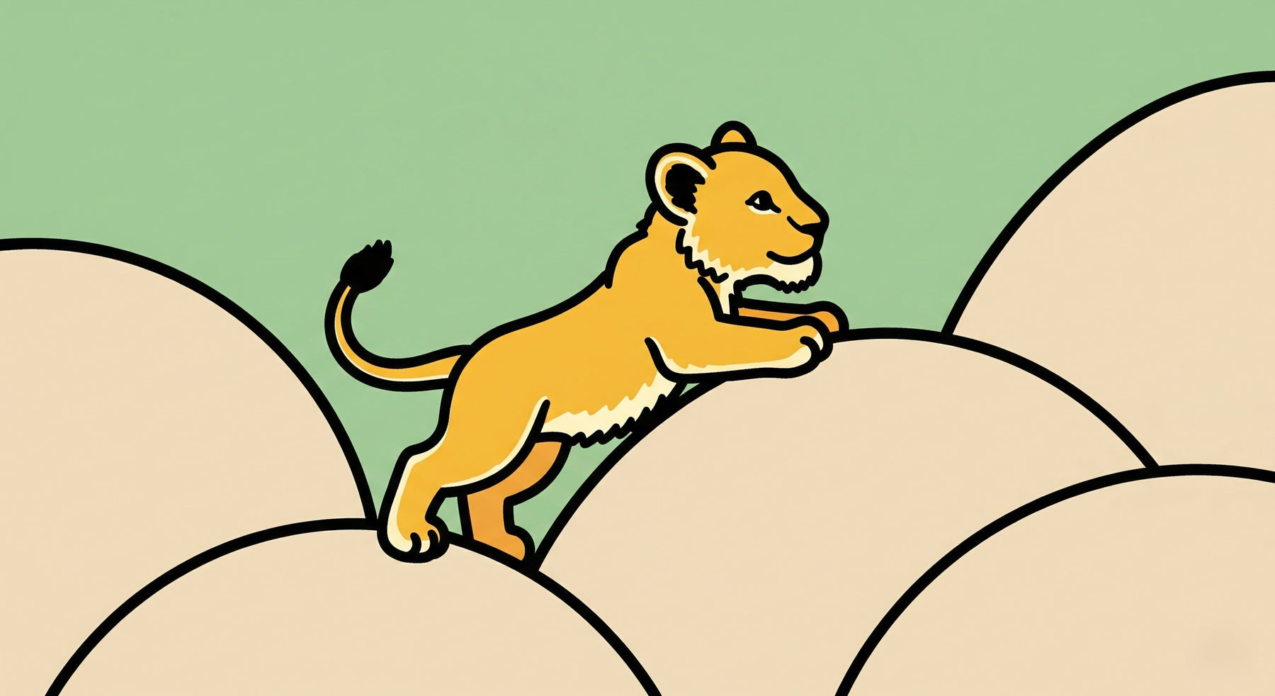 Detailed lion adventure mural wallpaper design pattern showing golden cub on green hills by Kids-Mundo