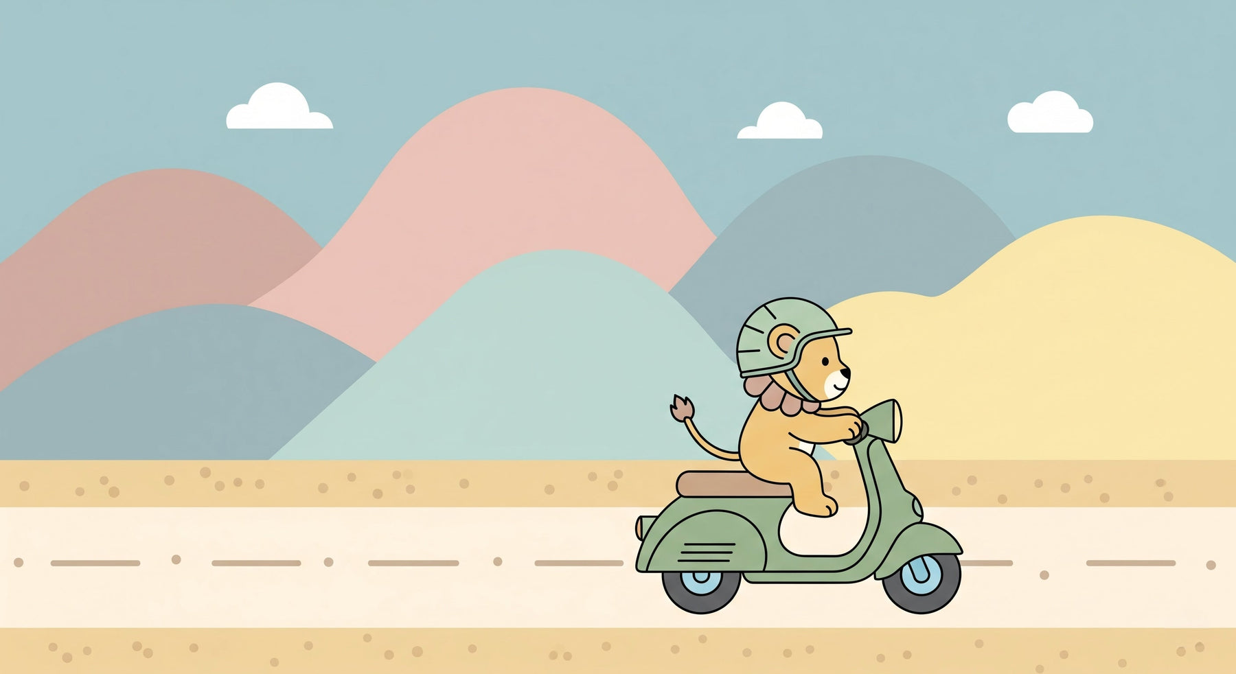 Detailed lion adventure mural wallpaper design pattern showing safari explorer on scooter by Kids-Mundo