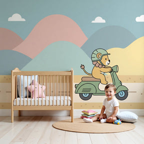 Lion adventure mural wallpaper creating safari-themed nursery decor with pastel mountain landscape by Kids-Mundo