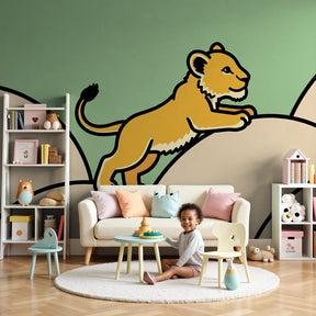 Lion adventure mural wallpaper decorating modern nursery with natural wood crib by Kids-Mundo