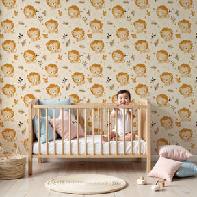 Lion animal mural wallpaper creating playful safari nursery decor with colorful leaves by Kids-Mundo