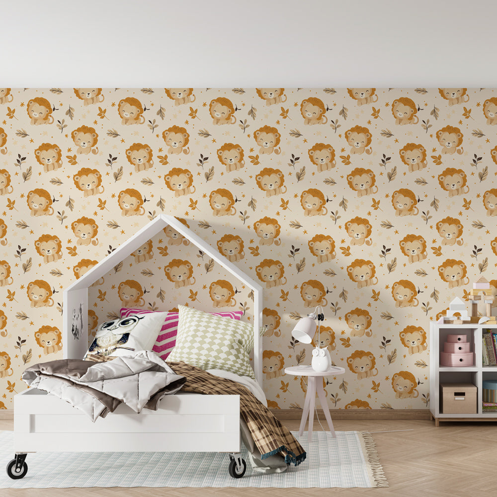 Charming lion mural wallpaper with colorful foliage creating cozy kids playroom atmosphere