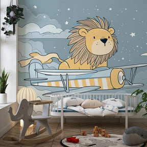Cloud pilot lion mural wallpaper transforming kids playroom into adventure space