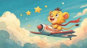 Detailed lion pilot airplane mural wallpaper design pattern with clouds and stars by Kids-Mundo
