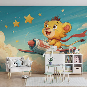 Adventure sky mural wallpaper with lion pilot creating magical children's bedroom decor