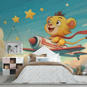 Whimsical lion airplane wallpaper transforming bright playroom into sky adventure space