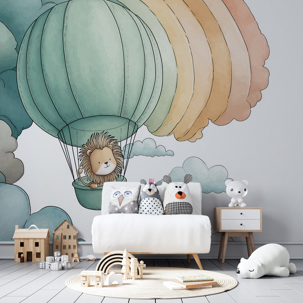 Sage green lion adventure mural wallpaper transforming modern kids bedroom into sky-themed sanctuary