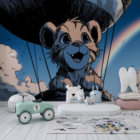 Rainbow adventure wallpaper featuring lion in balloon creating magical kids bedroom atmosphere