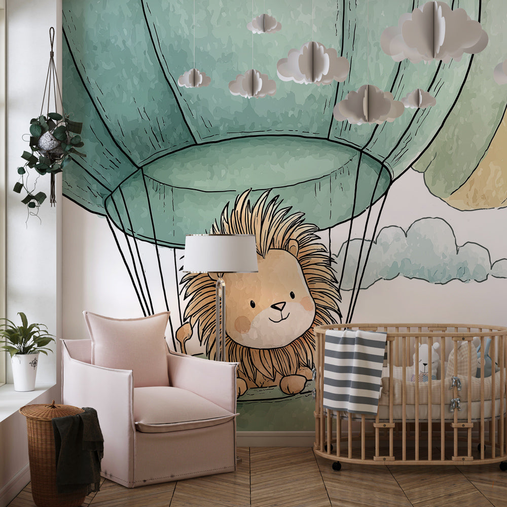 Adventure themed lion balloon wallpaper in cozy kids bedroom interior design