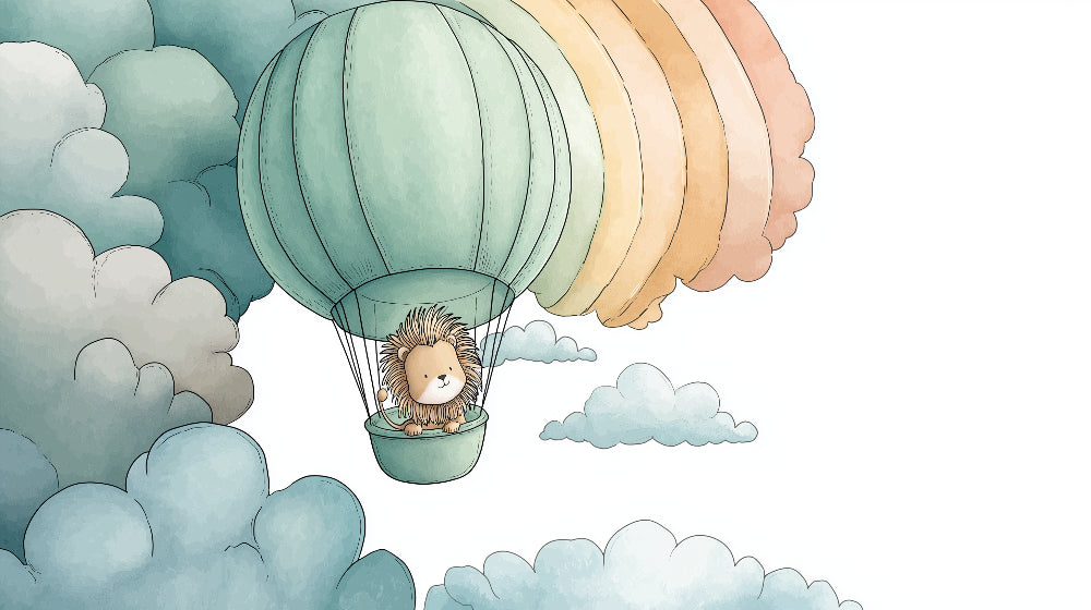 Detailed lion balloon mural wallpaper design pattern showing sage green hot air balloon with clouds by Kids-Mundo