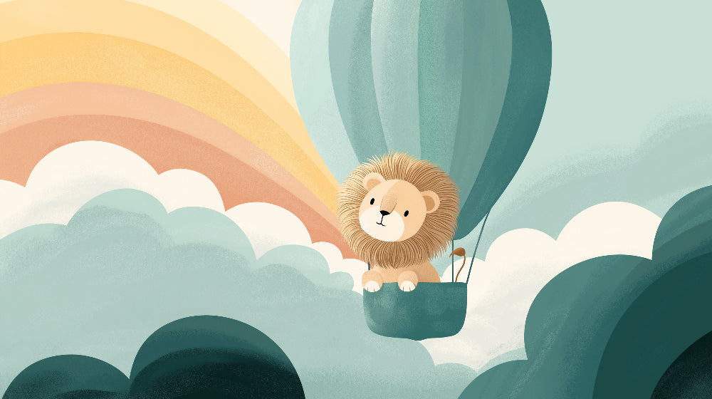Detailed lion hot air balloon mural wallpaper design pattern with clouds and rainbow by Kids-Mundo
