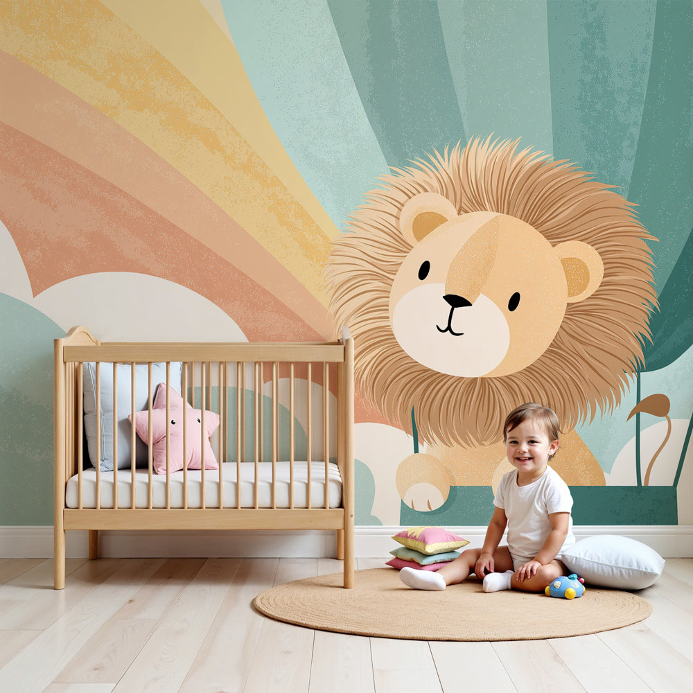Lion balloon mural wallpaper decorating peaceful nursery with rainbow and clouds by Kids-Mundo