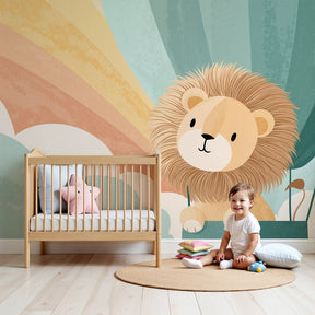 Lion balloon mural wallpaper decorating peaceful nursery with rainbow and clouds by Kids-Mundo