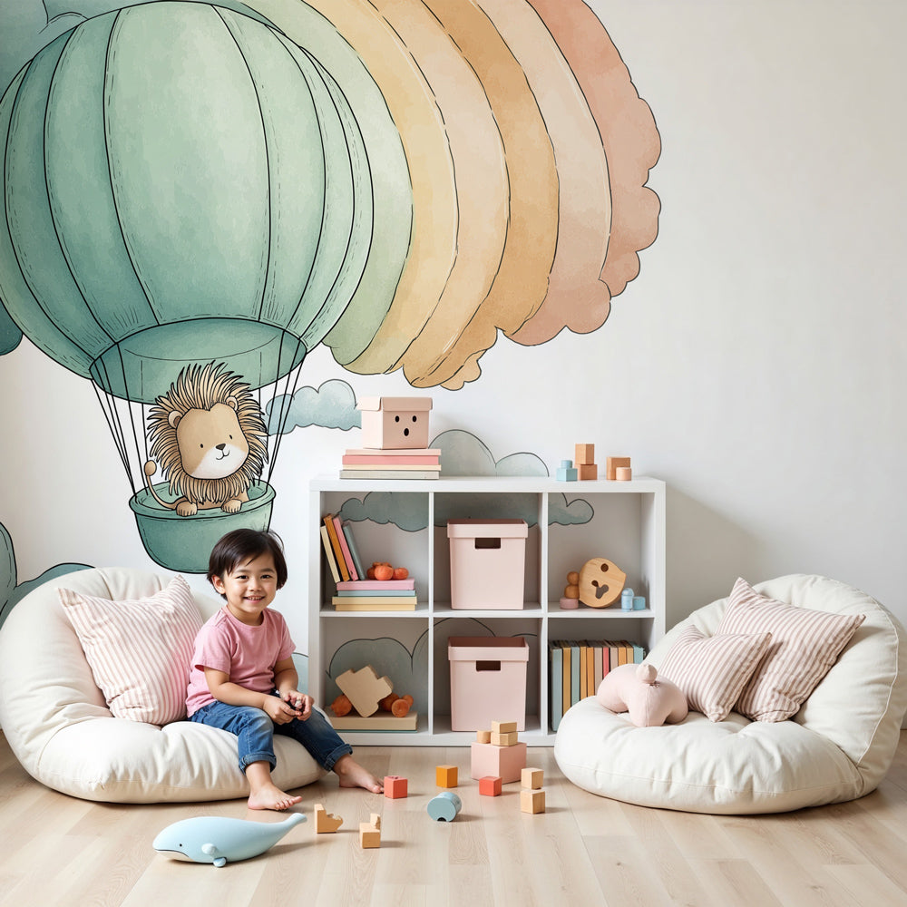 Lion balloon mural wallpaper creating dreamy nursery decor with sage green hot air balloon by Kids-Mundo