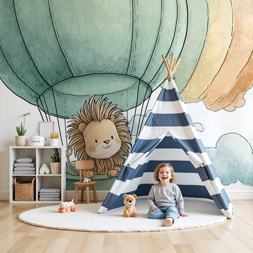 Lion hot air balloon mural wallpaper creating magical nursery decor by Kids-Mundo