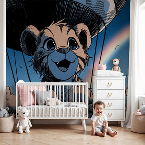 Lion hot air balloon mural wallpaper in modern nursery with rainbow sky design by Kids-Mundo