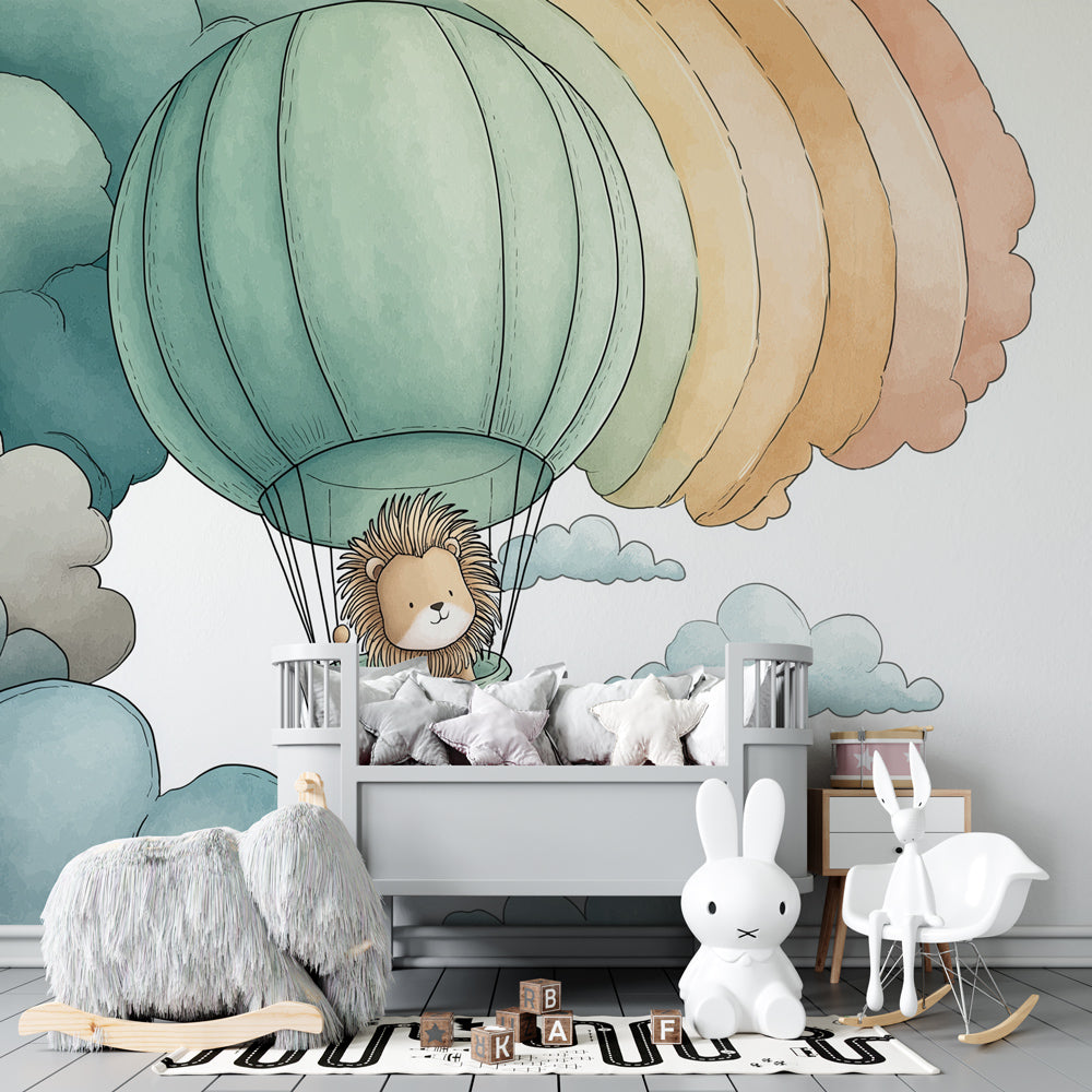 Whimsical lion hot air balloon wallpaper creating magical play space for children by Kids-Mundo