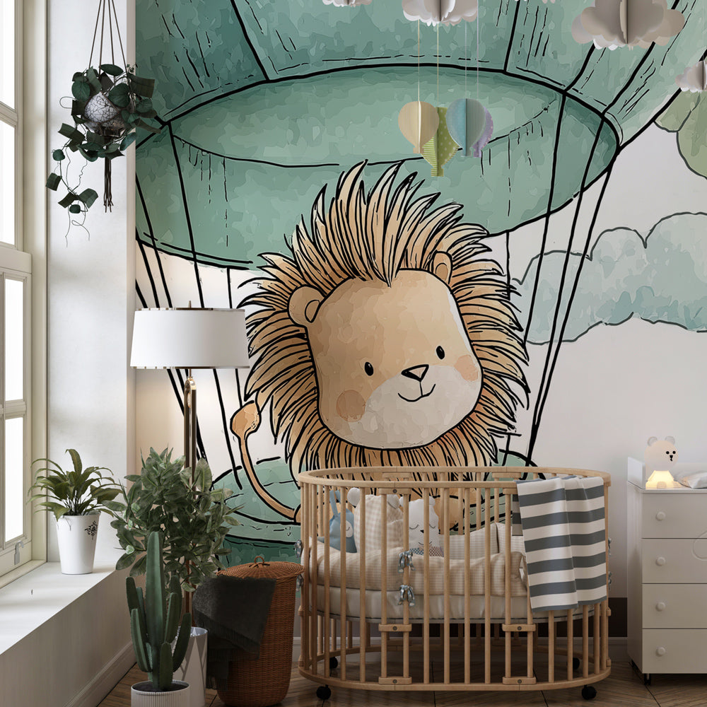 Colorful lion balloon mural wallpaper transforming playroom into adventure space
