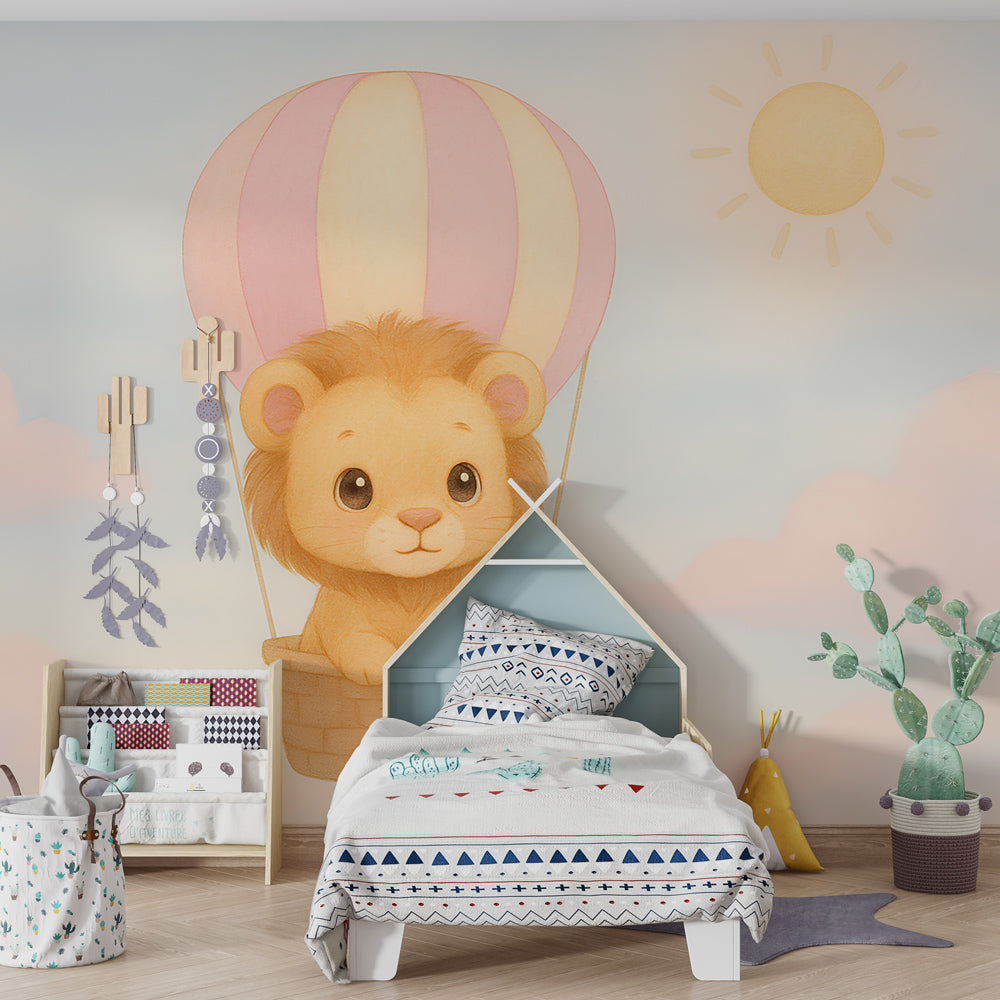 Whimsical lion hot air balloon wallpaper transforming toddler playroom decor
