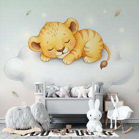 Sleepy lion on cloud wallpaper in cozy children's bedroom with natural wood furniture