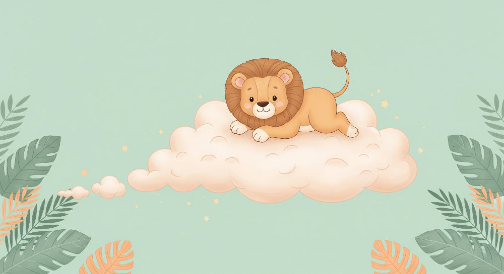 Detailed lion cloud mural wallpaper design pattern with stars and botanical elements by Kids-Mundo