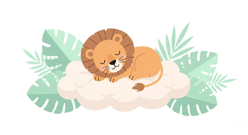 Detailed lion on cloud with tropical leaves mural wallpaper design pattern by Kids-Mundo
