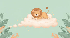 Detailed lion cloud mural wallpaper design pattern with stars and botanical elements by Kids-Mundo