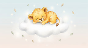Detailed lion on cloud mural wallpaper design pattern with floating leaves by Kids-Mundo