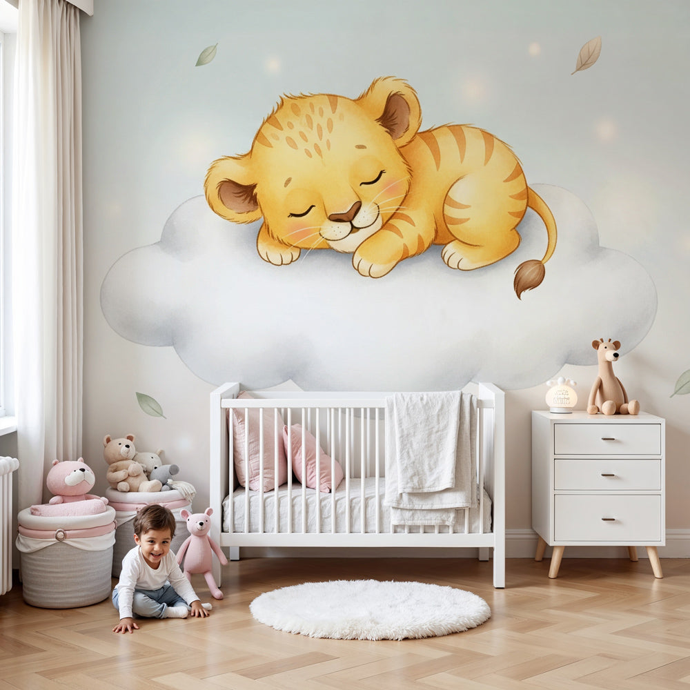 Lion cloud mural wallpaper creating peaceful safari nursery decor by Kids-Mundo