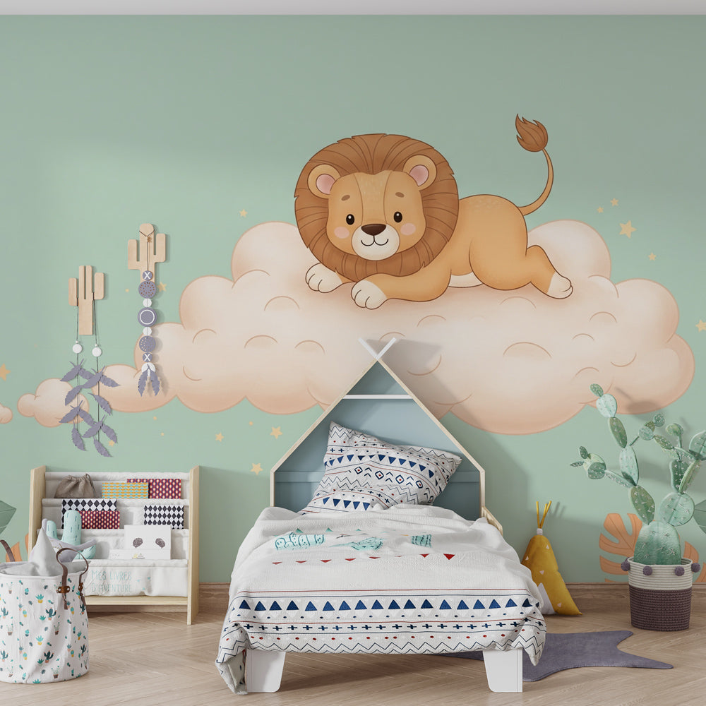 Dreamy lion safari mural wallpaper creating magical toddler bedroom atmosphere