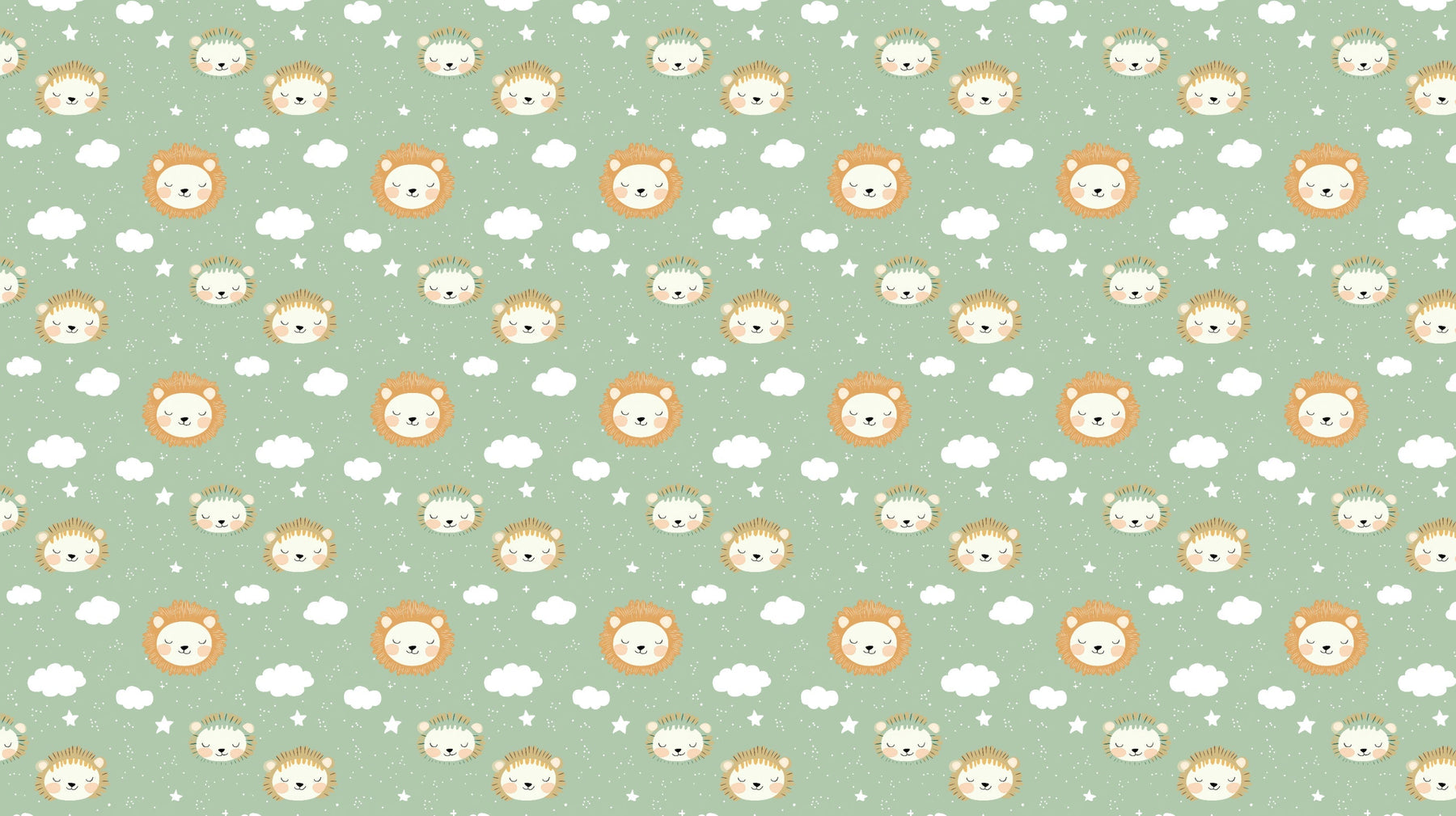 Detailed lion and clouds mural wallpaper design pattern with green tones and stars by Kids-Mundo