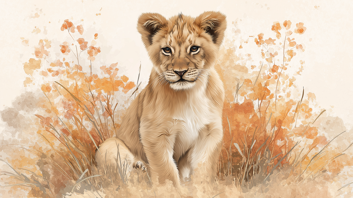 Lion Cub in Autumn Foliage Wall Mural