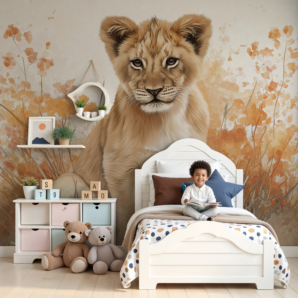 Kids-Mundo lion cub wall mural with warm autumn foliage styled behind a cot in a nursery