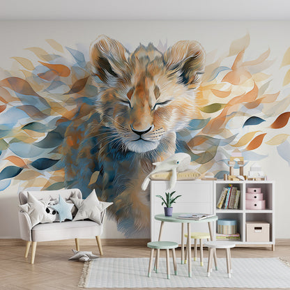 Kids-Mundo swirling leaf lion cub wall mural brightening a playful children's playroom