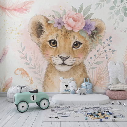 Kids-Mundo lion cub flower crown mural styled behind a cot in a playroom corner