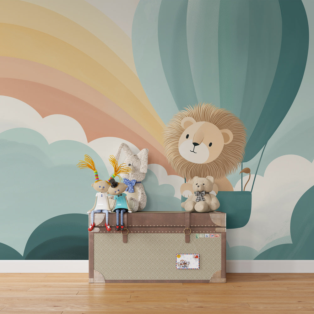Kids-Mundo lion and rainbow hot air balloon mural on a feature wall in a toddler bedroom