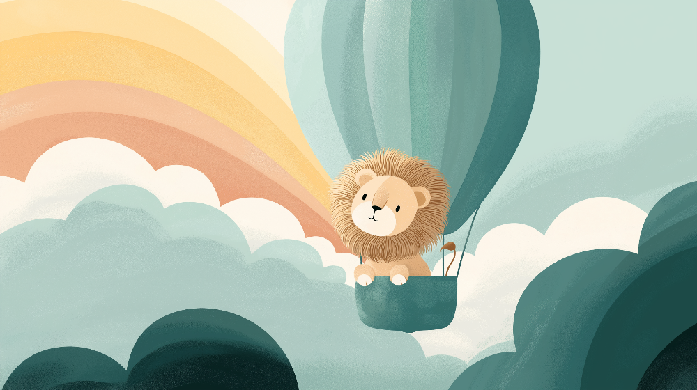 Lion Cub Hot Air Balloon and Rainbow Wall Mural