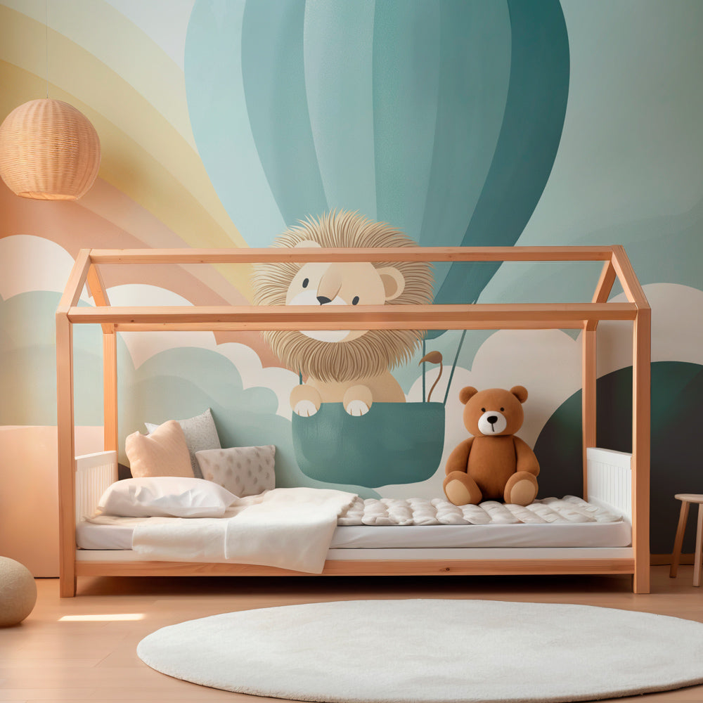 Kids-Mundo whimsical lion balloon wall mural brightening a colourful children's playroom