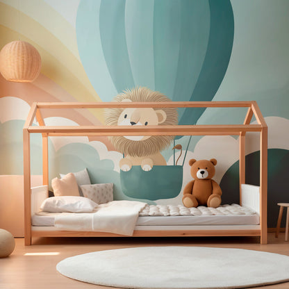 Kids-Mundo whimsical lion balloon wall mural brightening a colourful children's playroom
